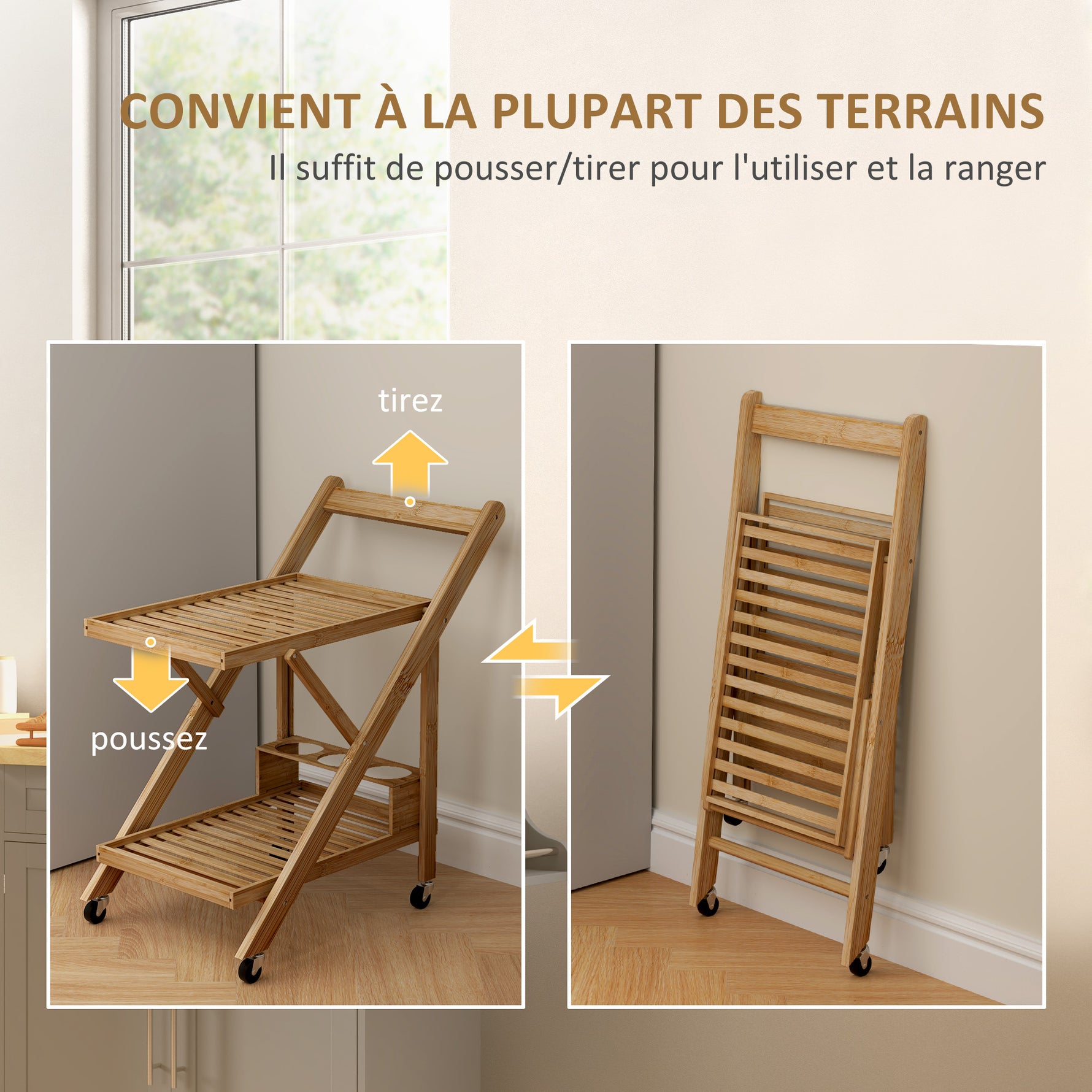 Desserte de cuisine en bambou chariot de service pliable 2 plateaux 4 roues 3 casiers à vin 66 x 40 x 70 cm bois naturel