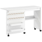 Table de Couture Pliante, Meuble Couture Roulant, Porte Magnétique de Grange, 2 Bacs, Étagère, 18 Chevilles, Blanc