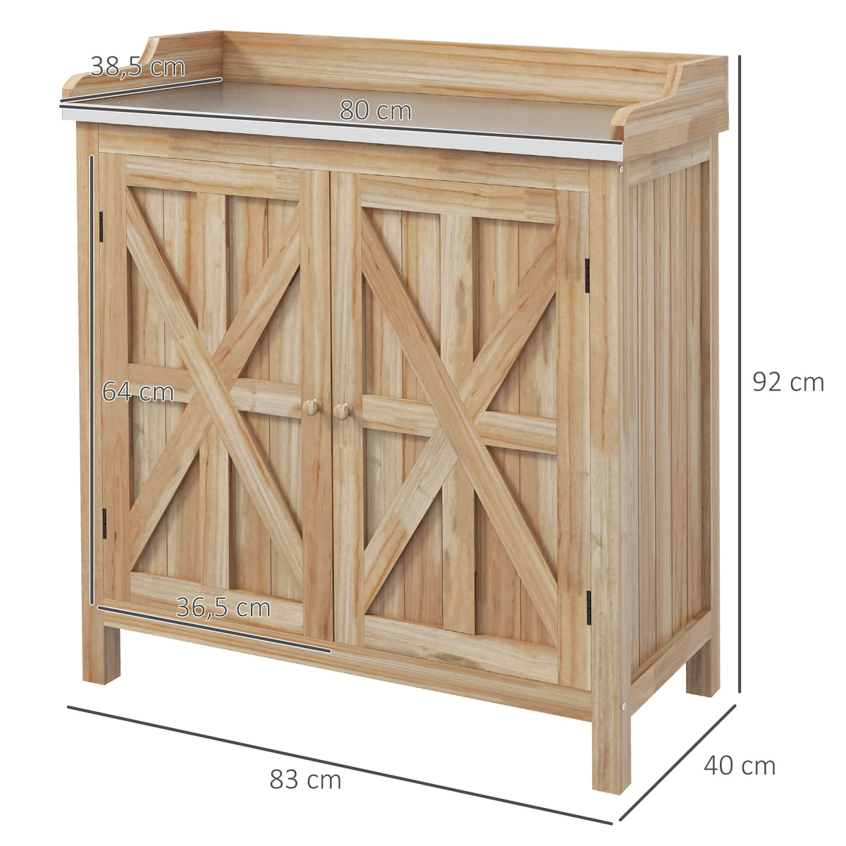 Table de rempotage armoire de rangement avec 2 étagères, plateau galvanisé patins antidérapants en bois sapin