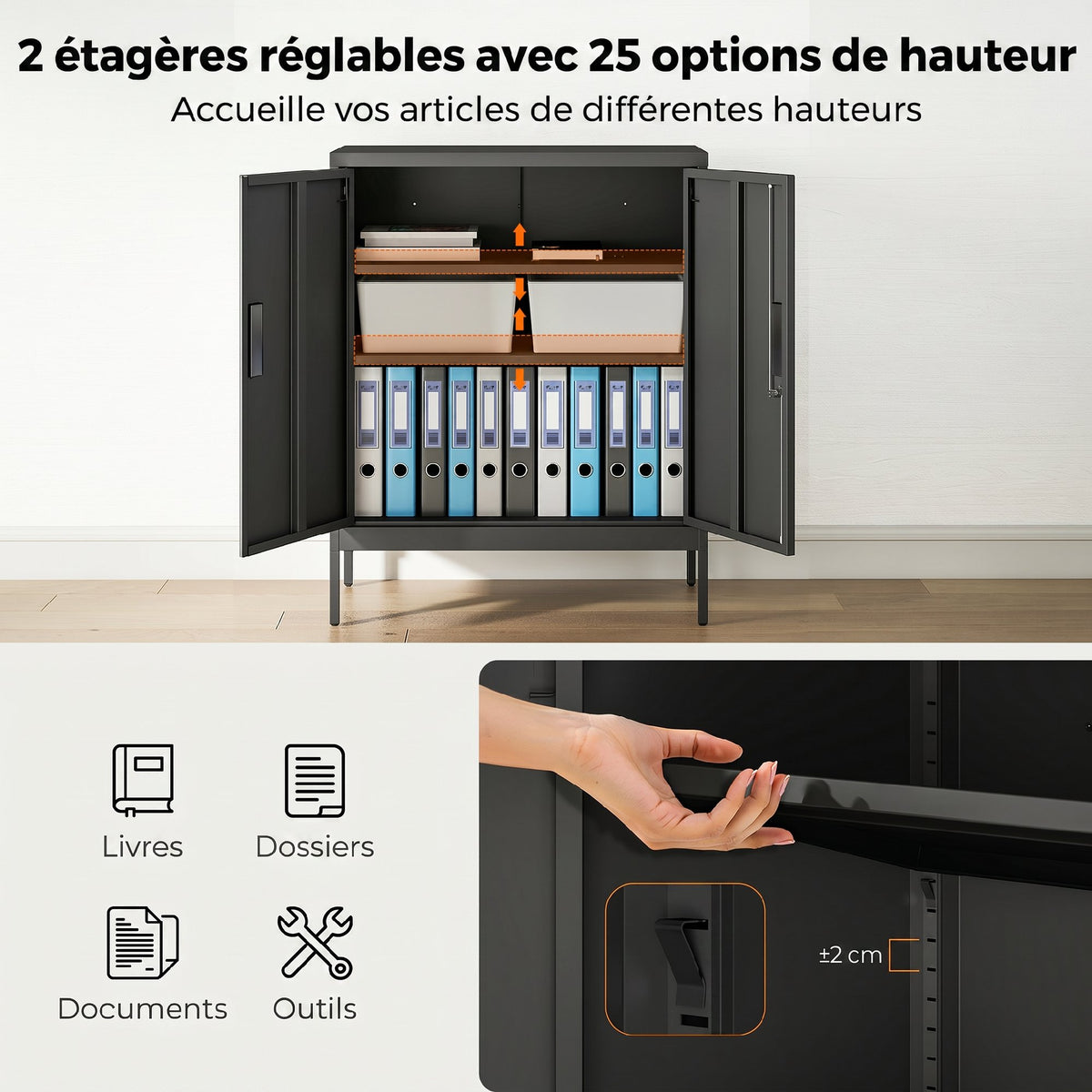 Armoire de Bureau Métallique, 80 x 40 x 100 cm, Meuble de Rangement, Serrure, 2 Portes et 2 Étagères Réglables, Noir