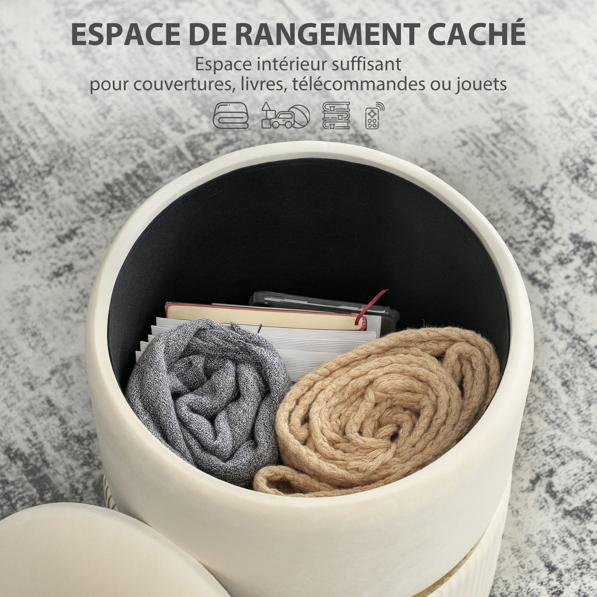 Poef voetenbank opbergkist van corduroy 36 x 36 x 44 cm voor woonkamer slaapkamer beige
