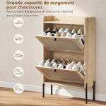 Meuble à chaussures 12 paires, armoire à chaussures, 2 tiroirs rabattables, portes en rotin et étagères réglables, chêne