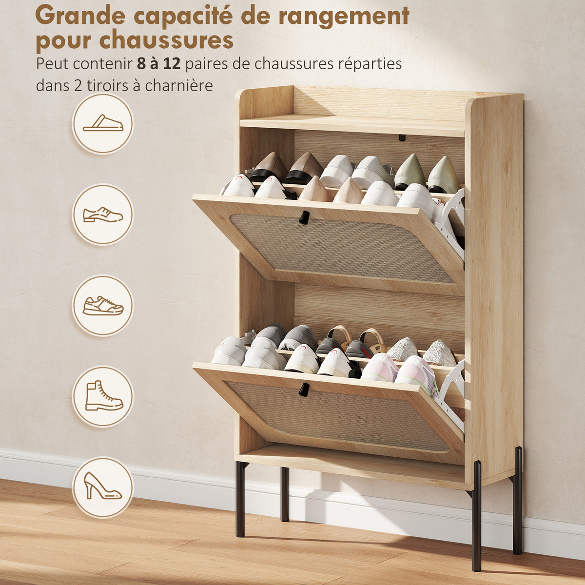 Meuble à chaussures 12 paires, armoire à chaussures, 2 tiroirs rabattables, portes en rotin et étagères réglables, chêne