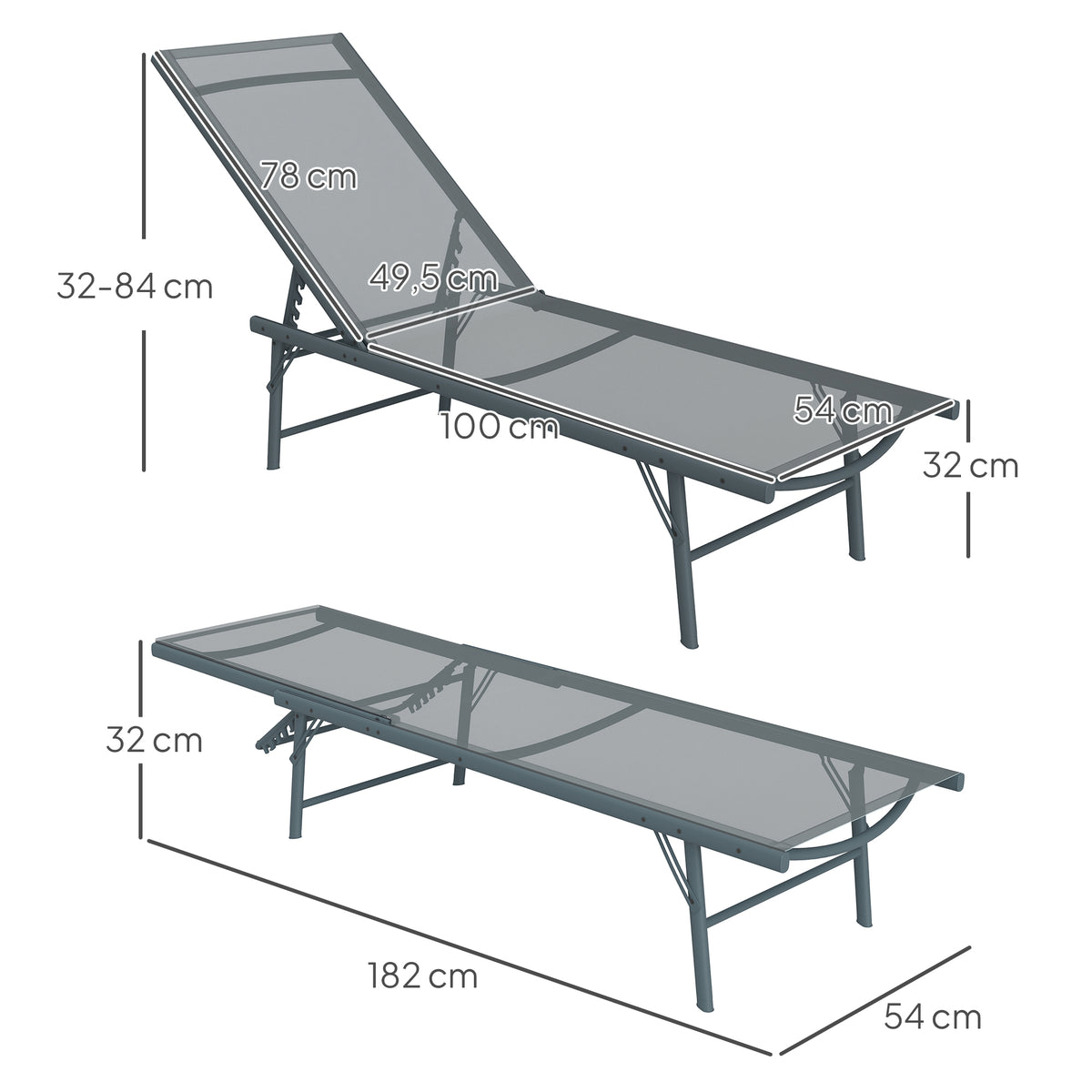 Lot de 2 bain de soleil chaise longue pliante textilène transat jardin extérieur inclinable 54 x 164 x 84 cm gris clair