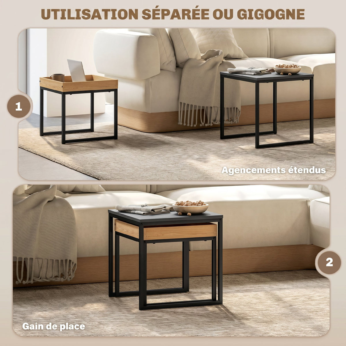 Set van 2 vierkante nesttafels, salontafels met stalen frame, moderne stijl, zwart