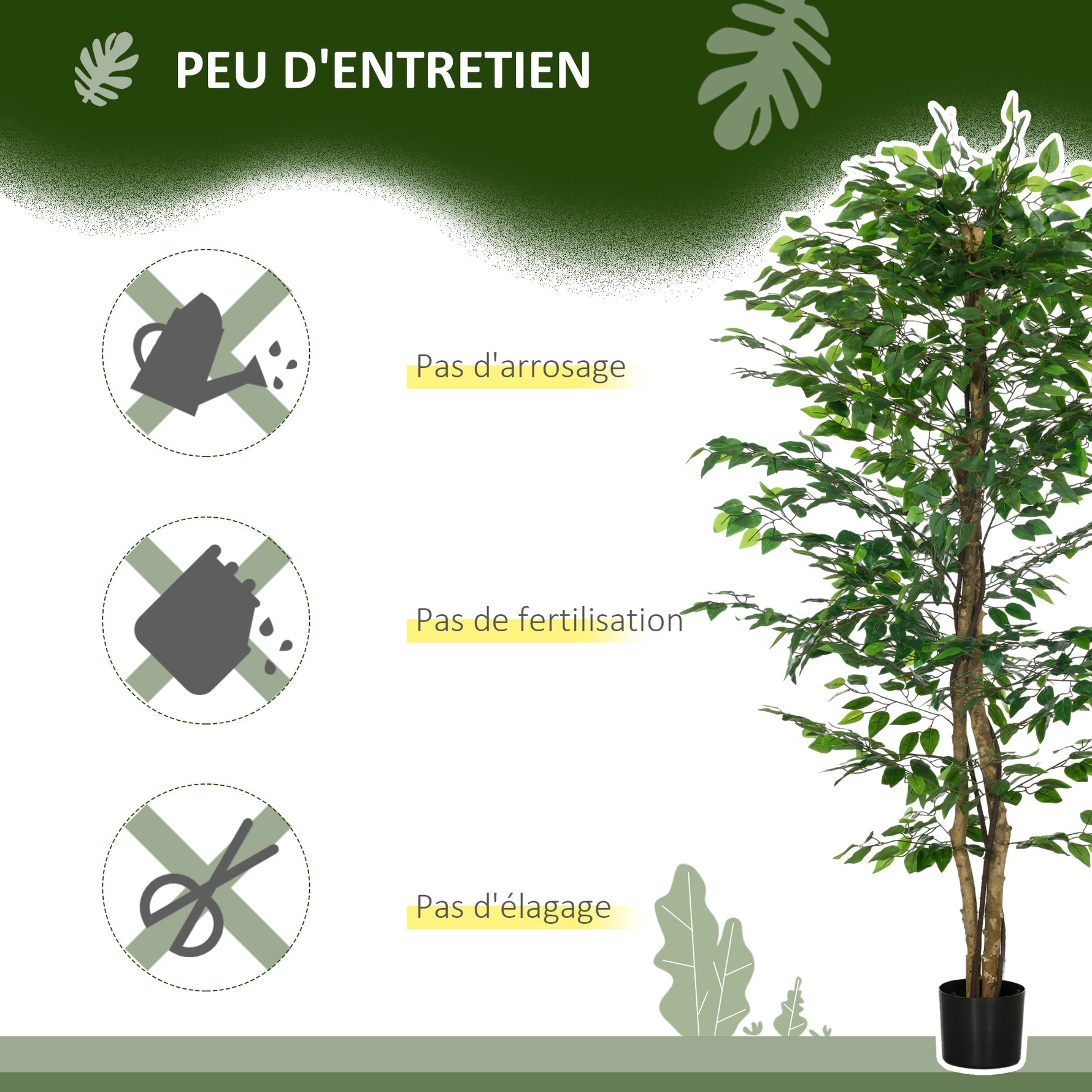 Plante artificielle ficus hauteur 1,80 m tronc branches liane lichen feuilles grand réalisme pot inclus vert