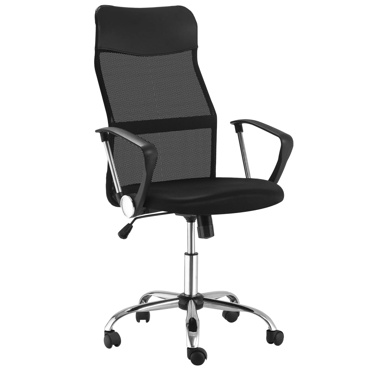 High-comfort executive office chair, ergonomic backrest, adjustable seat height, swivel, black mesh fabric