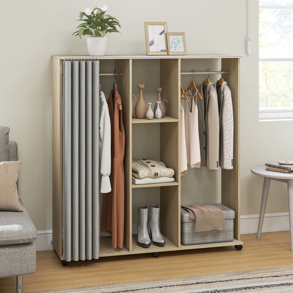 Armoire penderie Meuble de Rangement Mobile 6 roulettes 120L x 40l x 128H cm en bois naturel