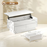 Table basse relevable, table de salon avec compartiment caché et 2 tiroirs, 100 x 50 x 44 cm, blanc