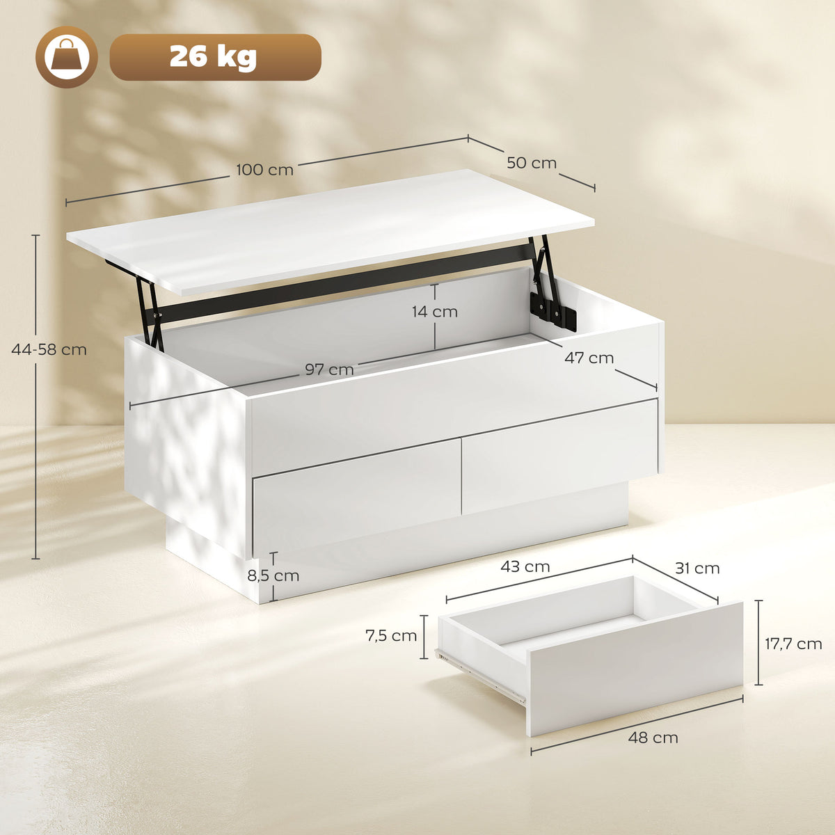Table basse relevable, table de salon avec compartiment caché et 2 tiroirs, 100 x 50 x 44 cm, blanc