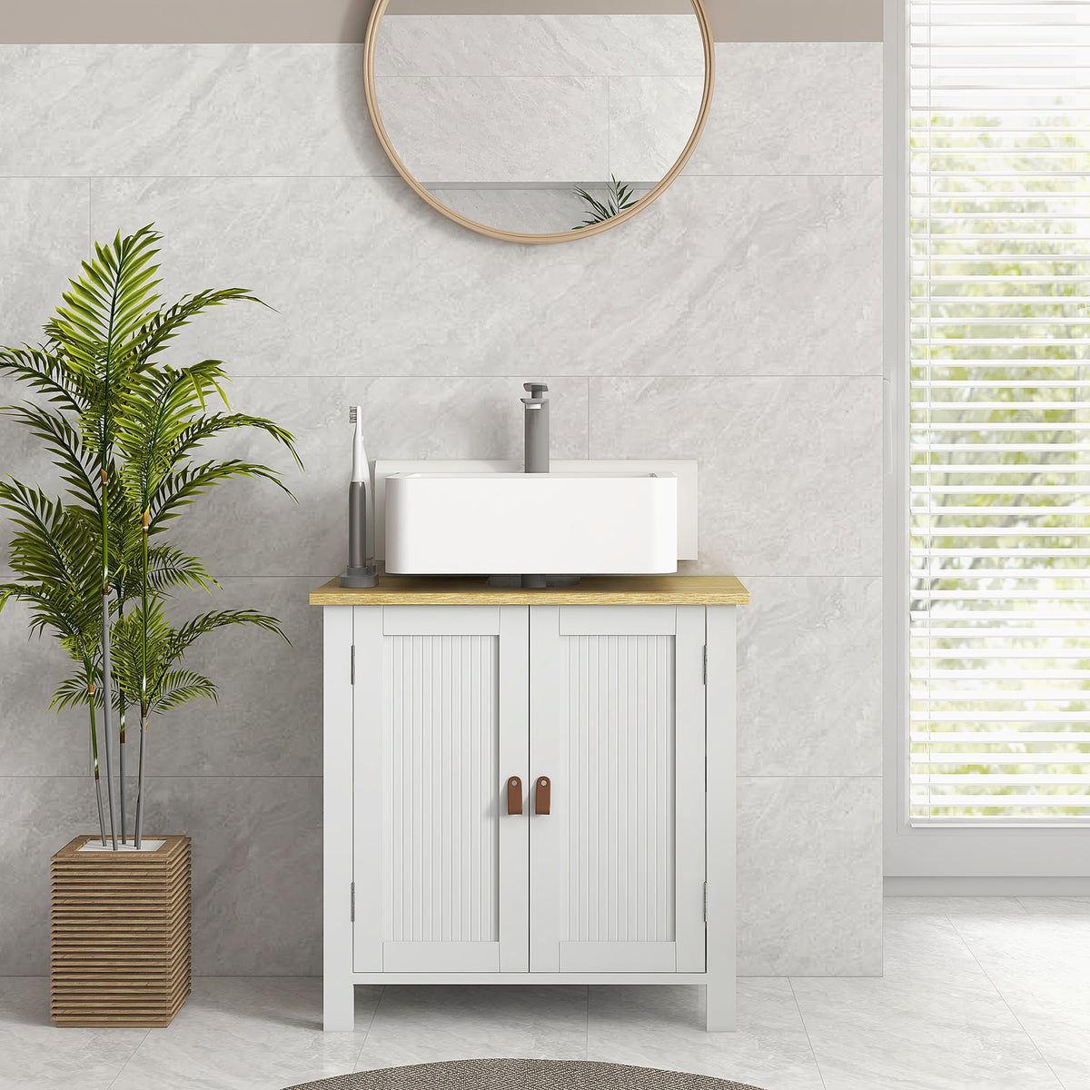 Mueble bajo lavabo 2 puertas, estante interior ajustable de 2 niveles, tiradores de PU, 60 x 30 x 60 cm, blanco