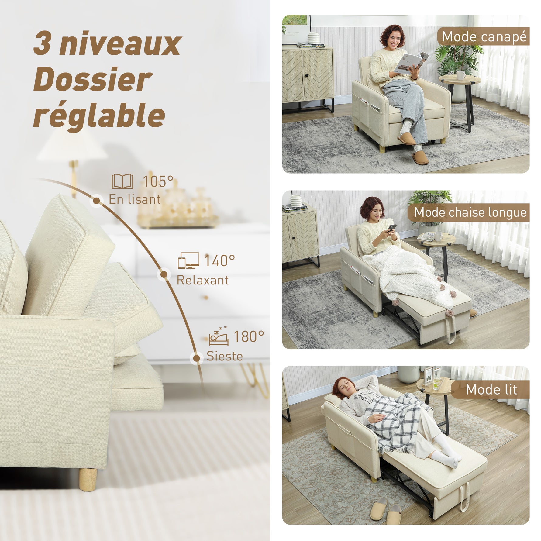 Fauteuil Convertible 1 Place, Fauteuil-Lit Clic-Clac 3 en 1 Rembourré en Velours Grain Maïs, Dossier Réglable, Beige