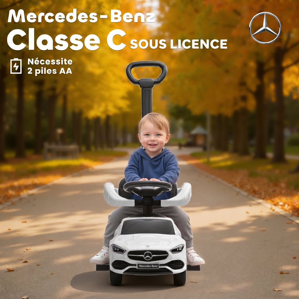 Porteur Enfants Mercedes-Benz sous Licence, Porteur Voiture à Pousser avec Poignée Amovible, 91 x 40 x 83 cm, Blanc