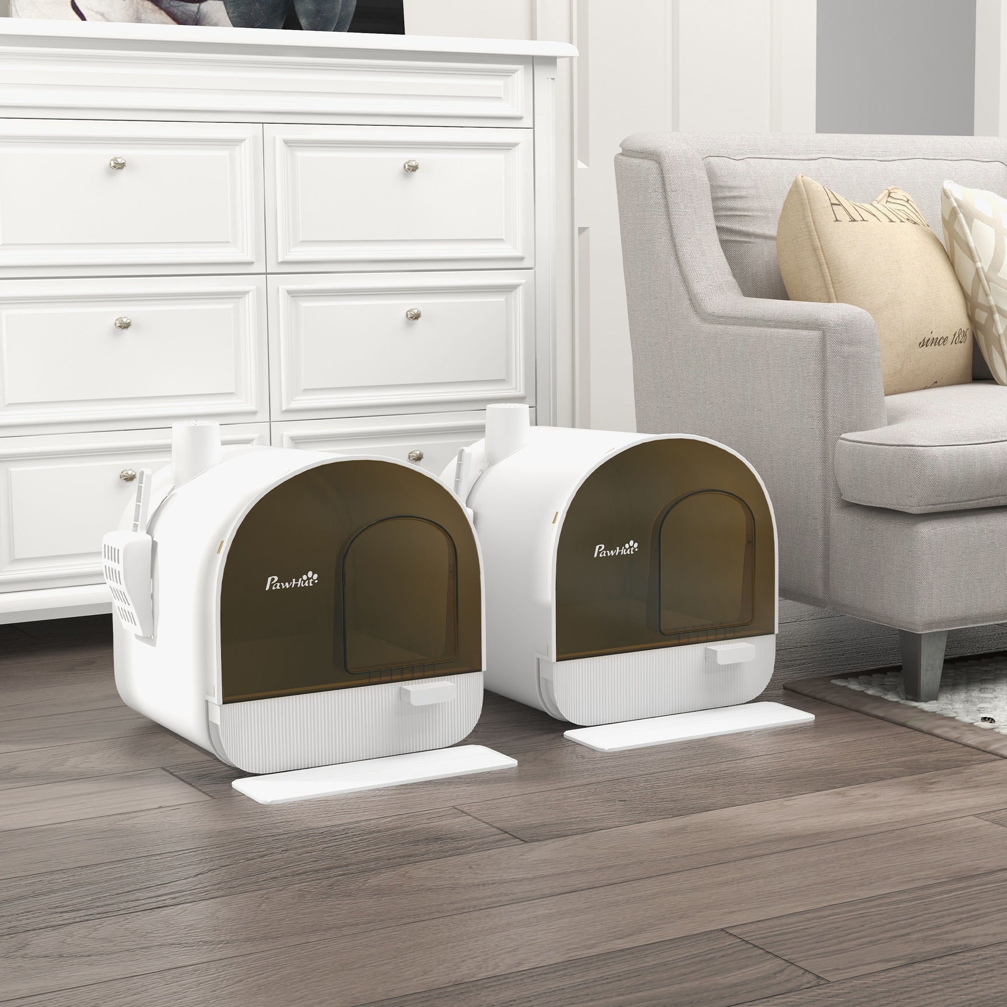 Set di 2 lettiere chiuse per gatti con porta basculante, paletta e filtro inclusi, dim. 43L x 44P x 47A cm