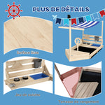 Bac à sable en bois avec jeu de cuisine 6 accessoires coffre rangement gouvernail drapeau 180 x 103 x 144,5 cm naturel