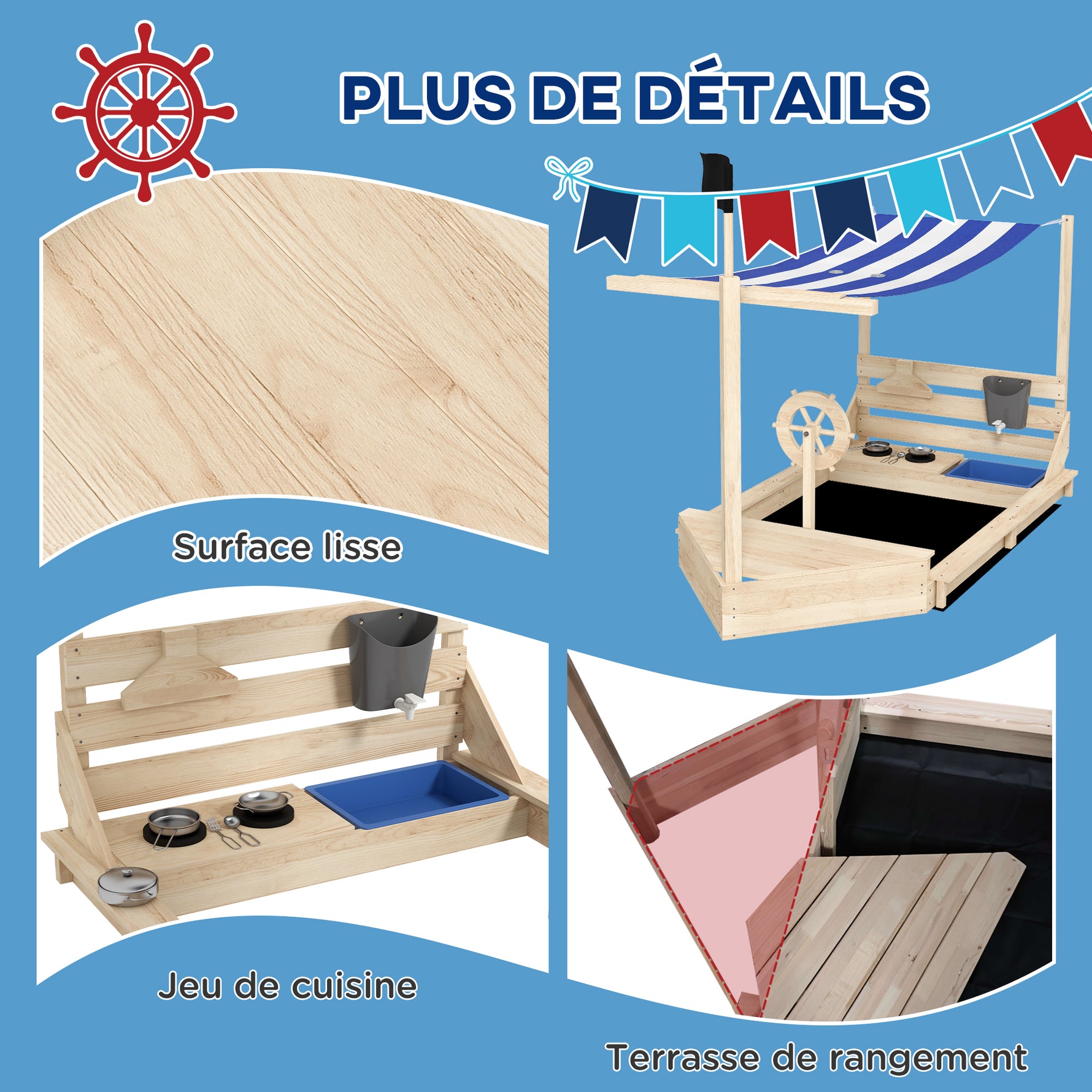 Bac à sable en bois avec jeu de cuisine 6 accessoires coffre rangement gouvernail drapeau 180 x 103 x 144,5 cm naturel