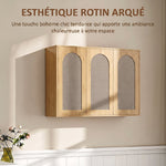 Armoire murale de salle de bain bohème avec 3 portes effet rotin à fermeture douce et étagère réglable, chêne