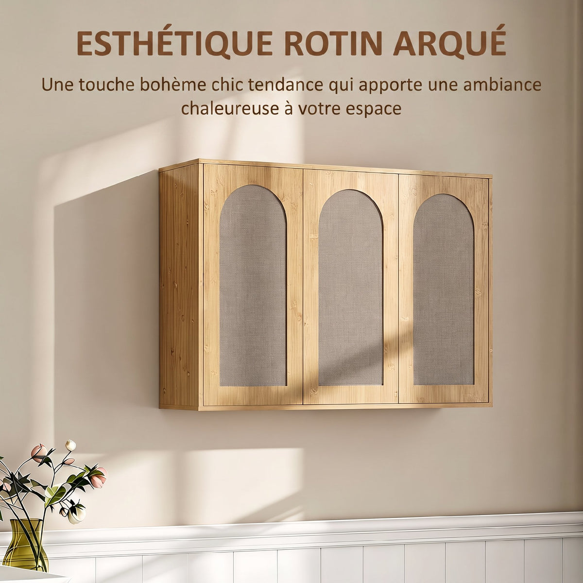 Armoire murale de salle de bain bohème avec 3 portes effet rotin à fermeture douce et étagère réglable, chêne