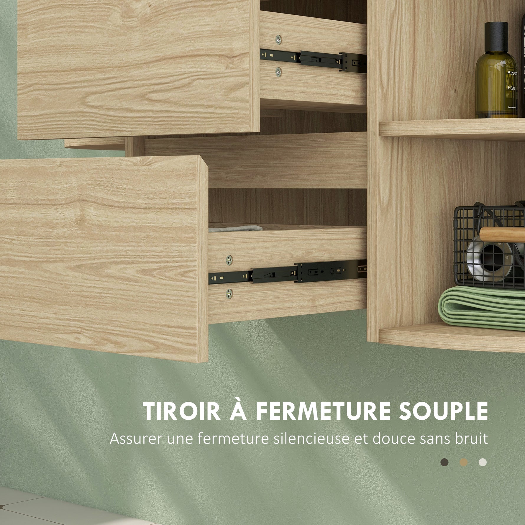 Meuble sous lavabo salle de bain suspendu meuble sous vasque avec tiroirs à fermeture douce et étagères, marron
