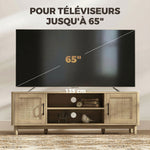 Meuble TV 135 cm, meuble télé pour téléviseur jusqu'à 65 pouces avec 2 portes en rotin, 2 compartiments ouverts, chêne