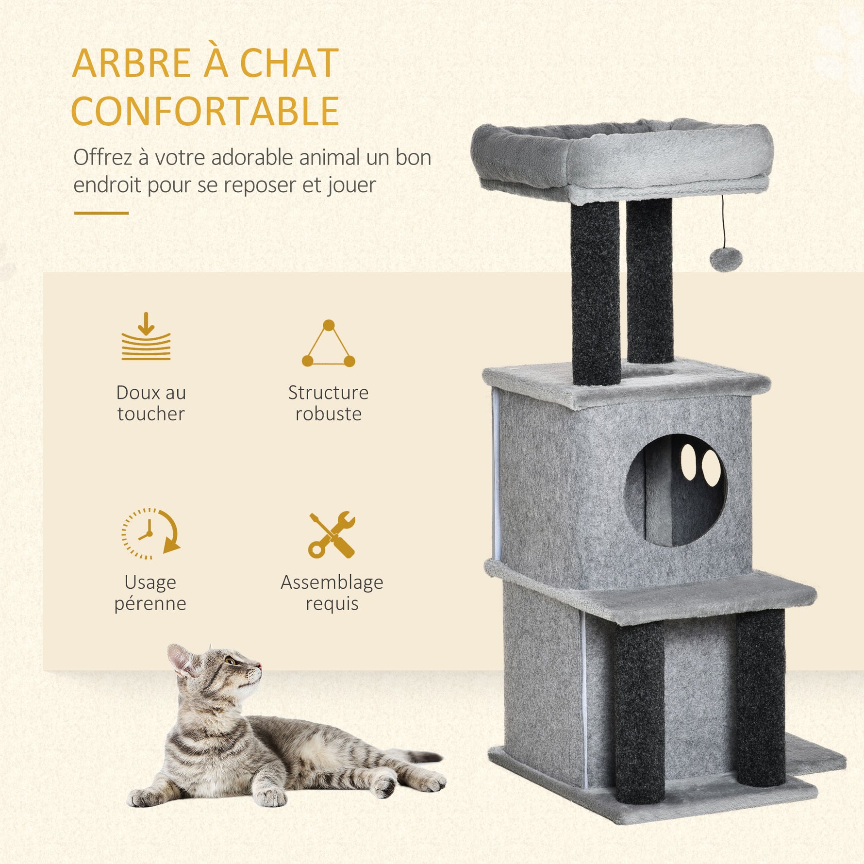 Arbre à chats design cosy chic multi-équipements centre d'activités niches plateformes lit jeu boule feutres amovibles lavables panneaux de particules peluche courte 48 x 48 x 100 cm gris