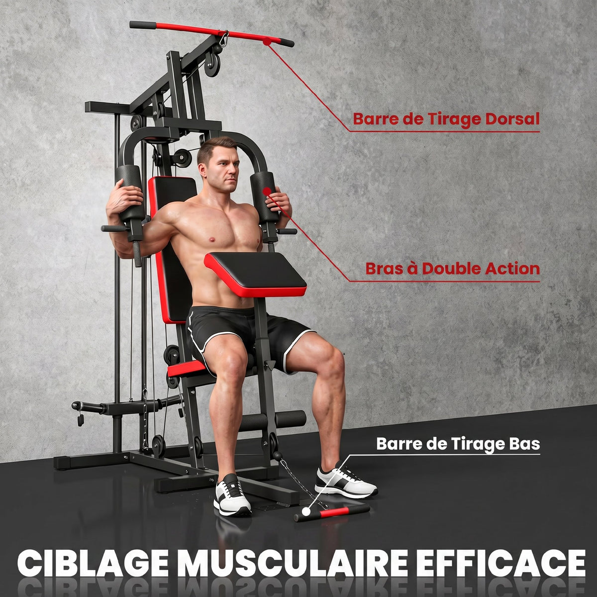 Station de Musculation Multifonction à Disques Libres, avec Banc Amovible, 136x107x205cm, Noir et Rouge