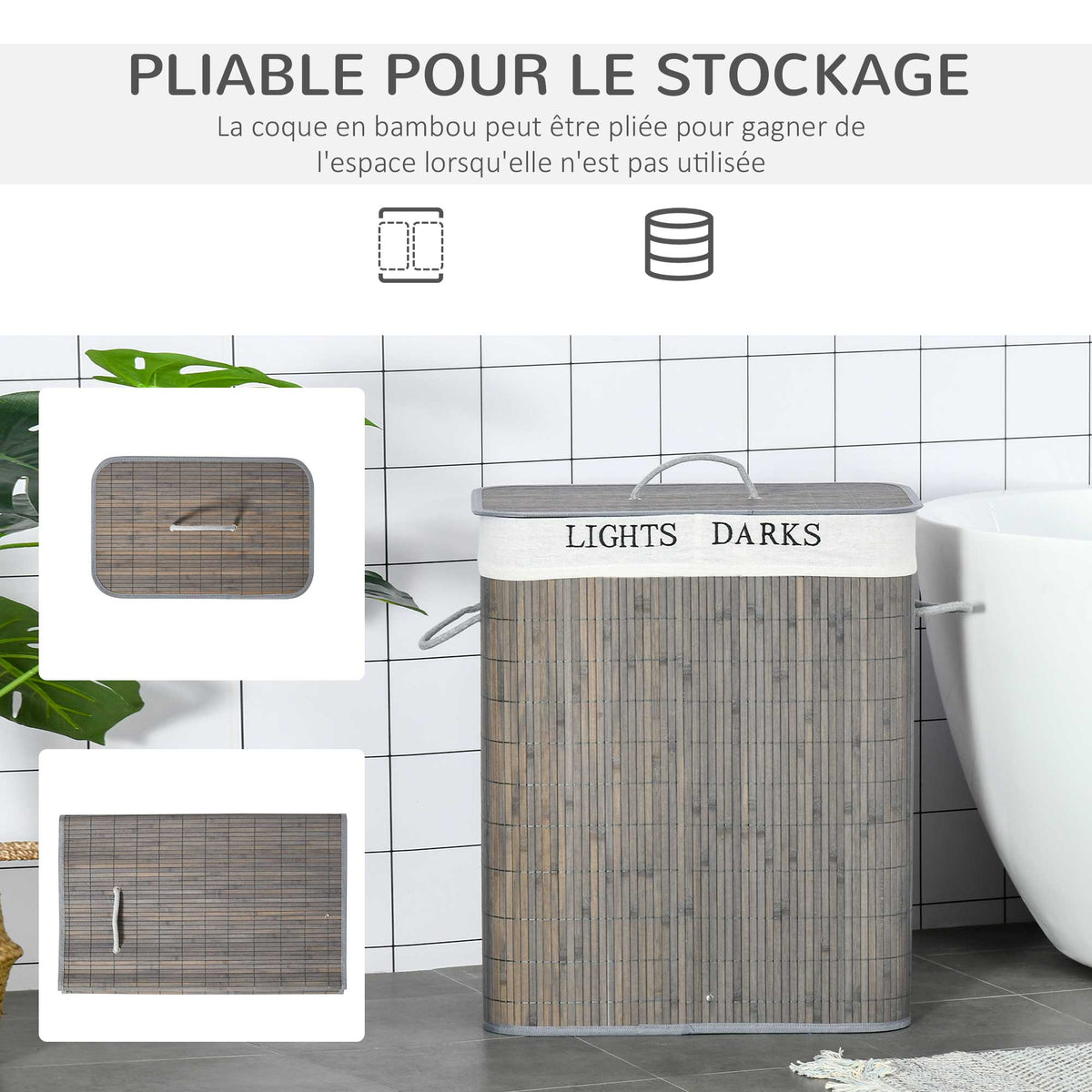 Panier à linge 100L avec 2 bacs bambou pliable couvercle poignée avec Sac amovible et lavable gris