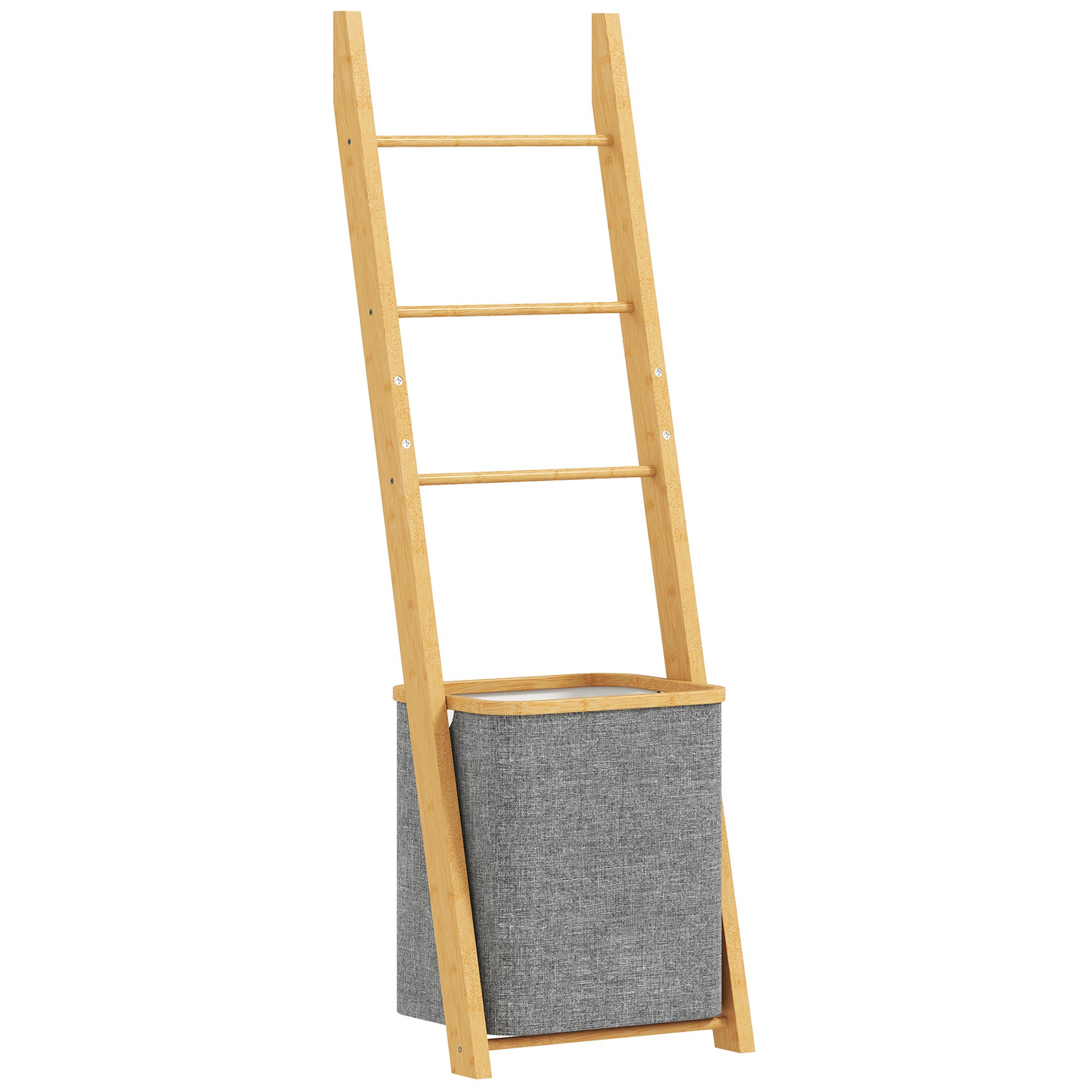 Bamboe handdoekrek met wasmand, handdoekladder met 1 wasmand, 43 x 35 x 133 cm, grijs