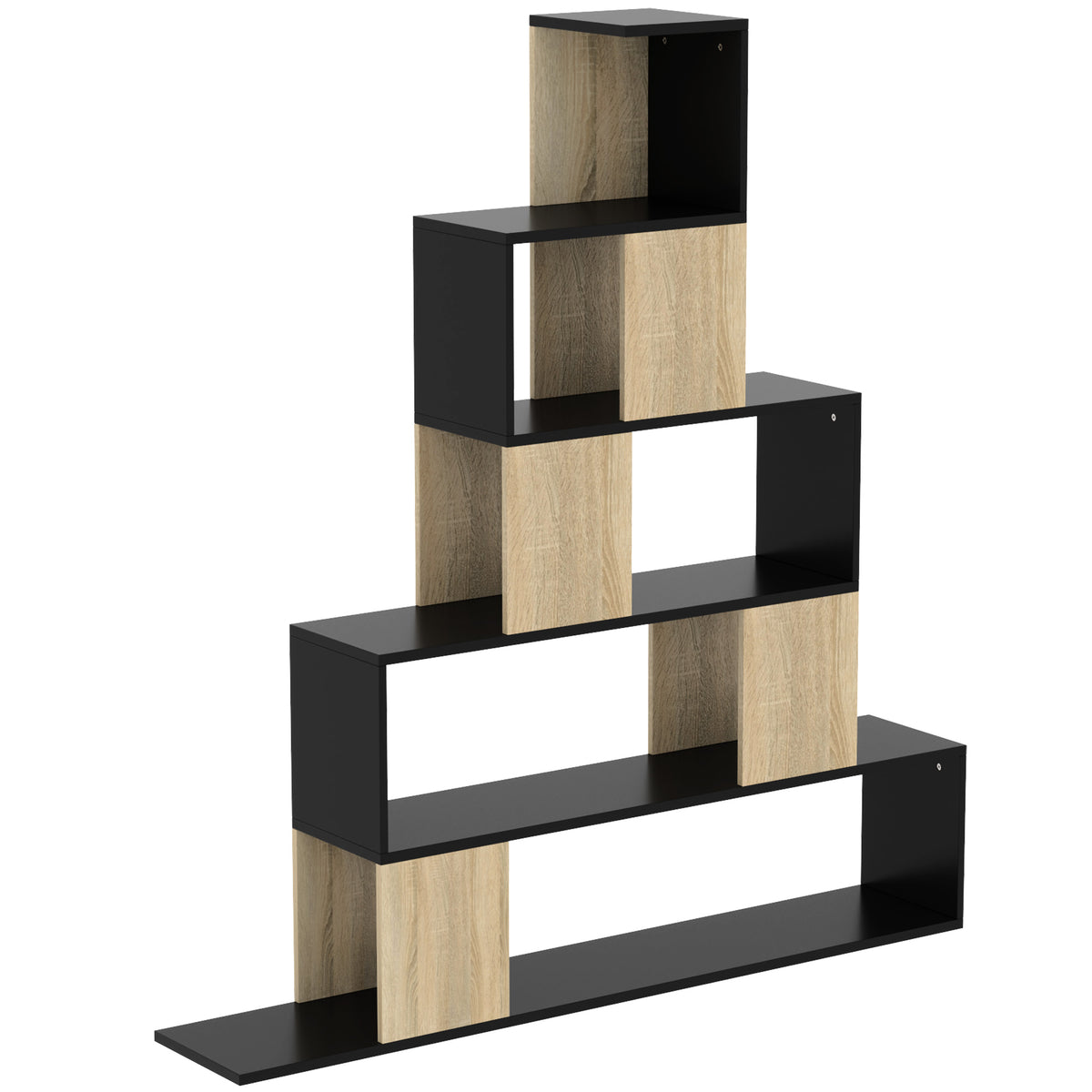Étagère de rangement, bibliothèque géométrique à 5 niveaux, pour bureau, salon, chambre, noir et bois naturel