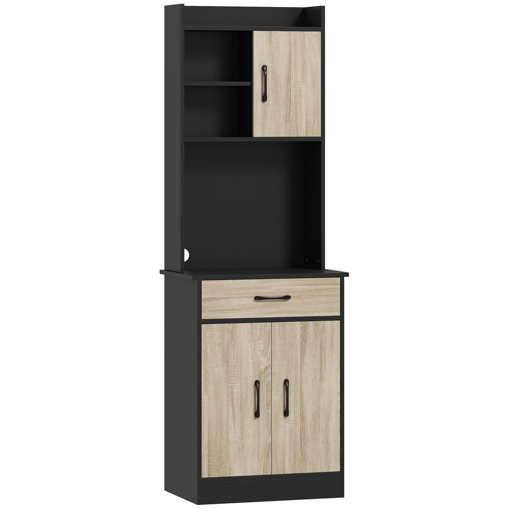 Buffet haut cuisine, armoire de cuisine, tiroir, 3 portes, étagères ouvertes, plan de travail, 60x40x180cm, bois naturel
