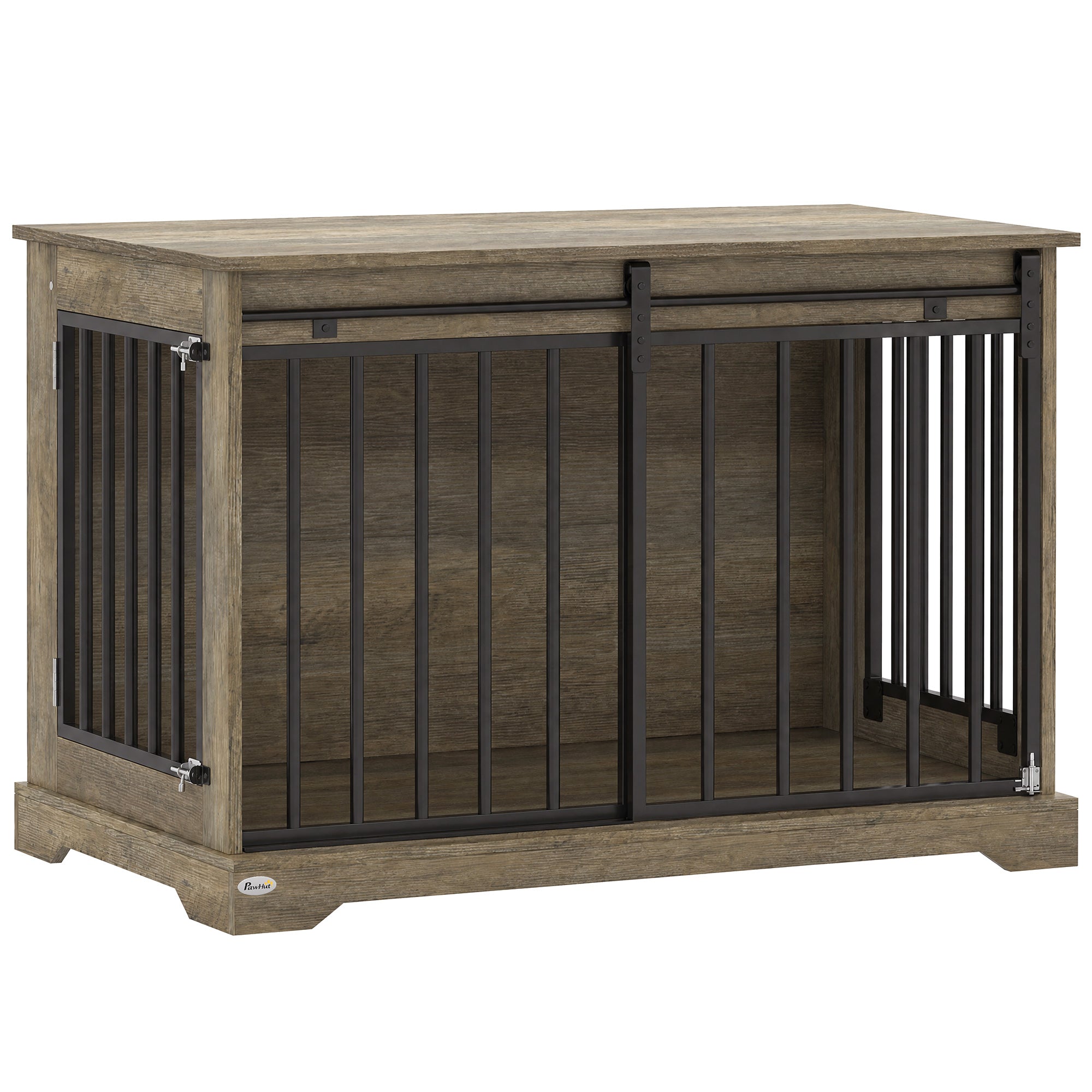 Cage pour Chien en Bois et Acier avec Porte Coulissante, Table d'Appoint, Niche Moderne, 100x60x68cm, Effet Bois Gris