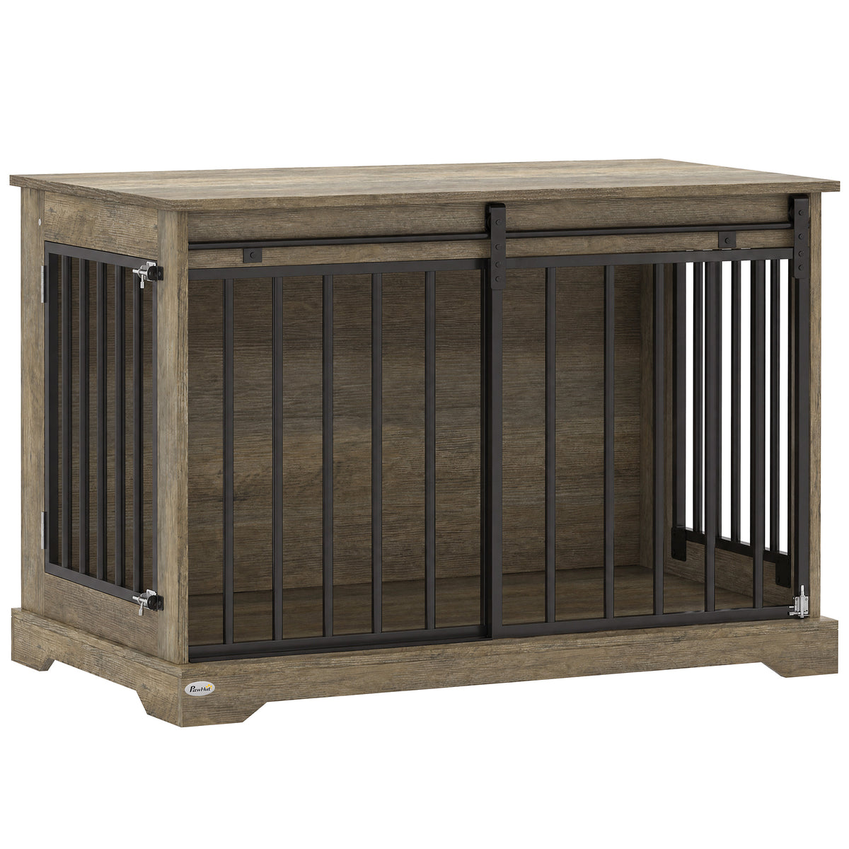 Cage pour Chien en Bois et Acier avec Porte Coulissante, Table d'Appoint, Niche Moderne, 100x60x68cm, Effet Bois Gris