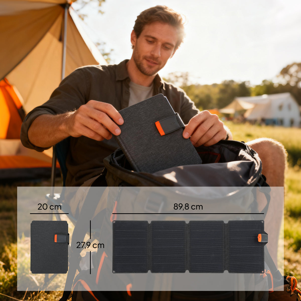 Chargeur solaire pliable 36W panneau solaire portable ports type-C et USB-a imperméable IP67 89,8 x 27,9 x 1 cm gris