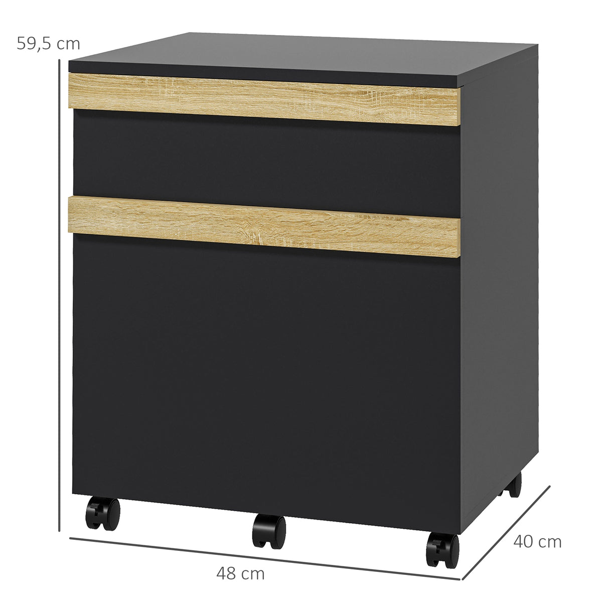 Caisson de bureau à roulettes avec 2 tiroirs coulissants trieur à dossiers 48 x 40 x 59,5 cm noir