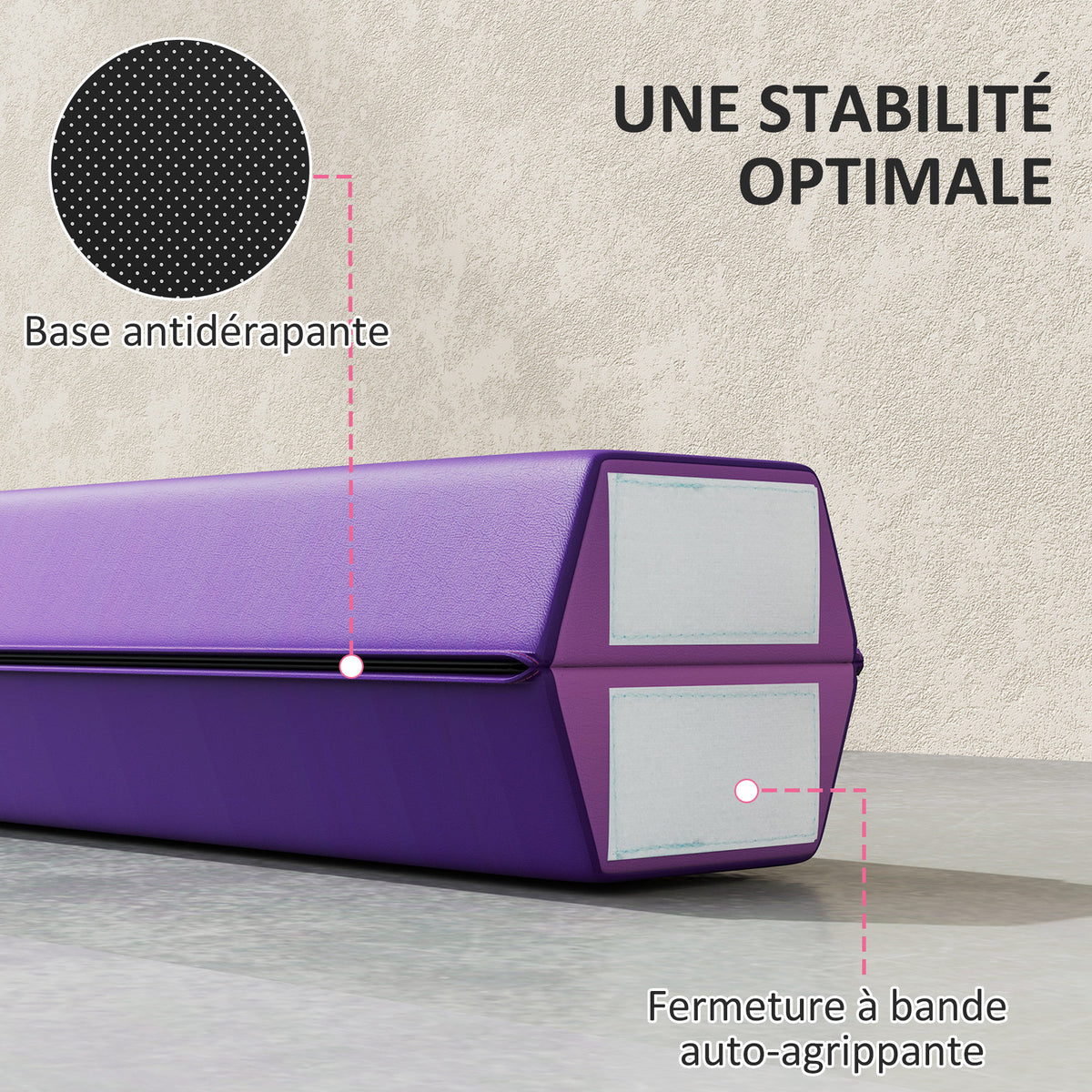 Poutre de gymnastique pliable fond antidérapant, poignée de transport, 236 x 10/15 x 6,5 cm violet et rose
