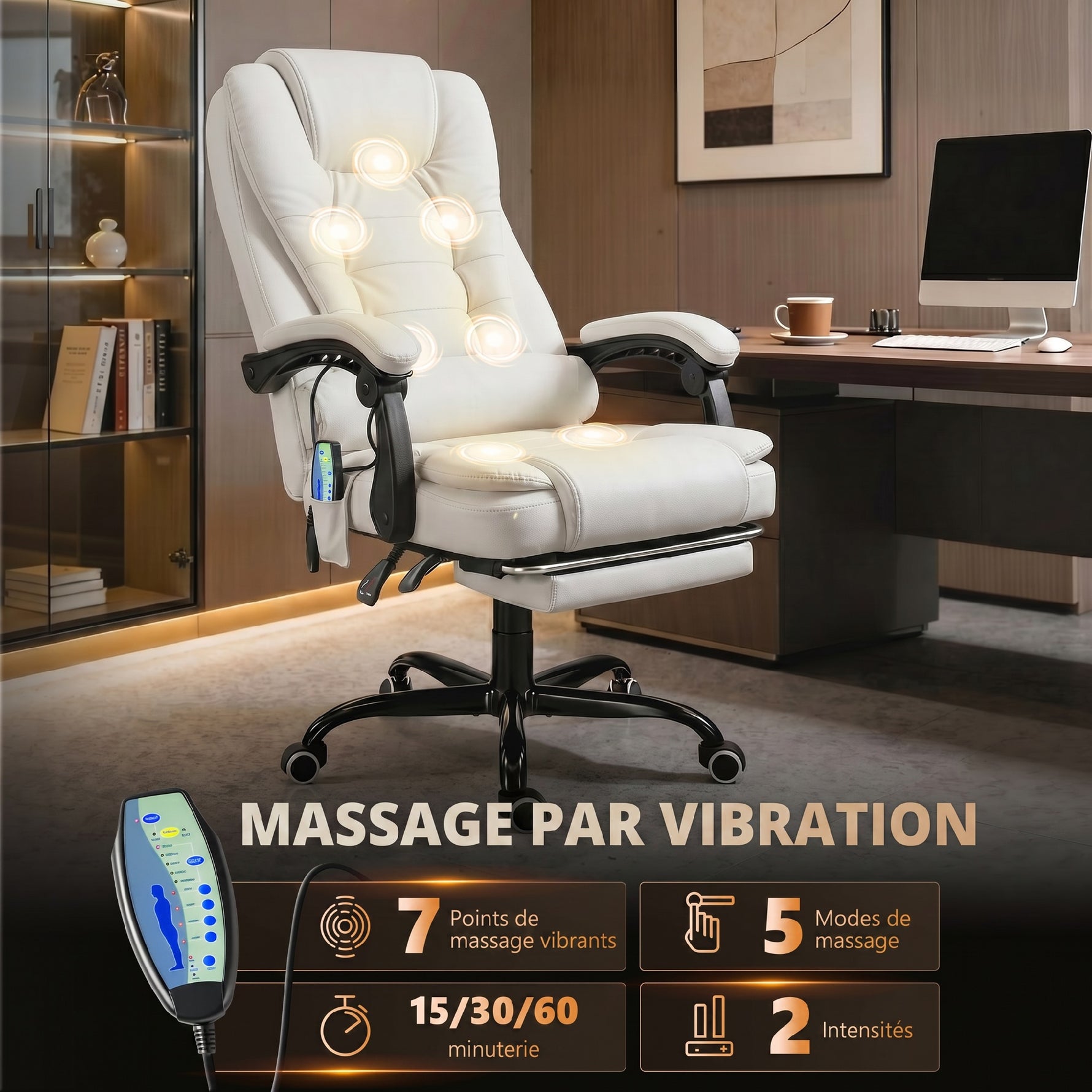 Fauteuil de Bureau Massant 7 Points, Chaise de Bureau Ergonomique avec Repose-pieds Rétractable, Dossier Inclinable 155°, Hauteur Réglable, Pivotant à 360°, télécommande Filaire, Blanc