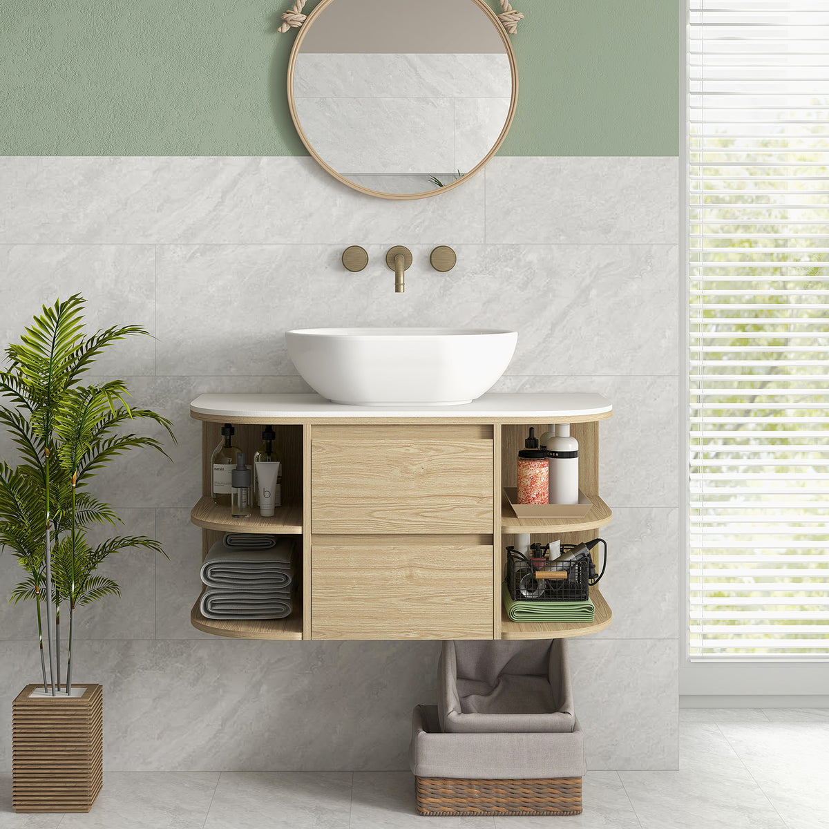 Meuble sous lavabo salle de bain suspendu meuble sous vasque avec tiroirs à fermeture douce et étagères, marron