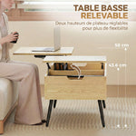 Table basse relevable avec double plateau, table de salon avec compartiment caché et pieds en métal, bois naturel