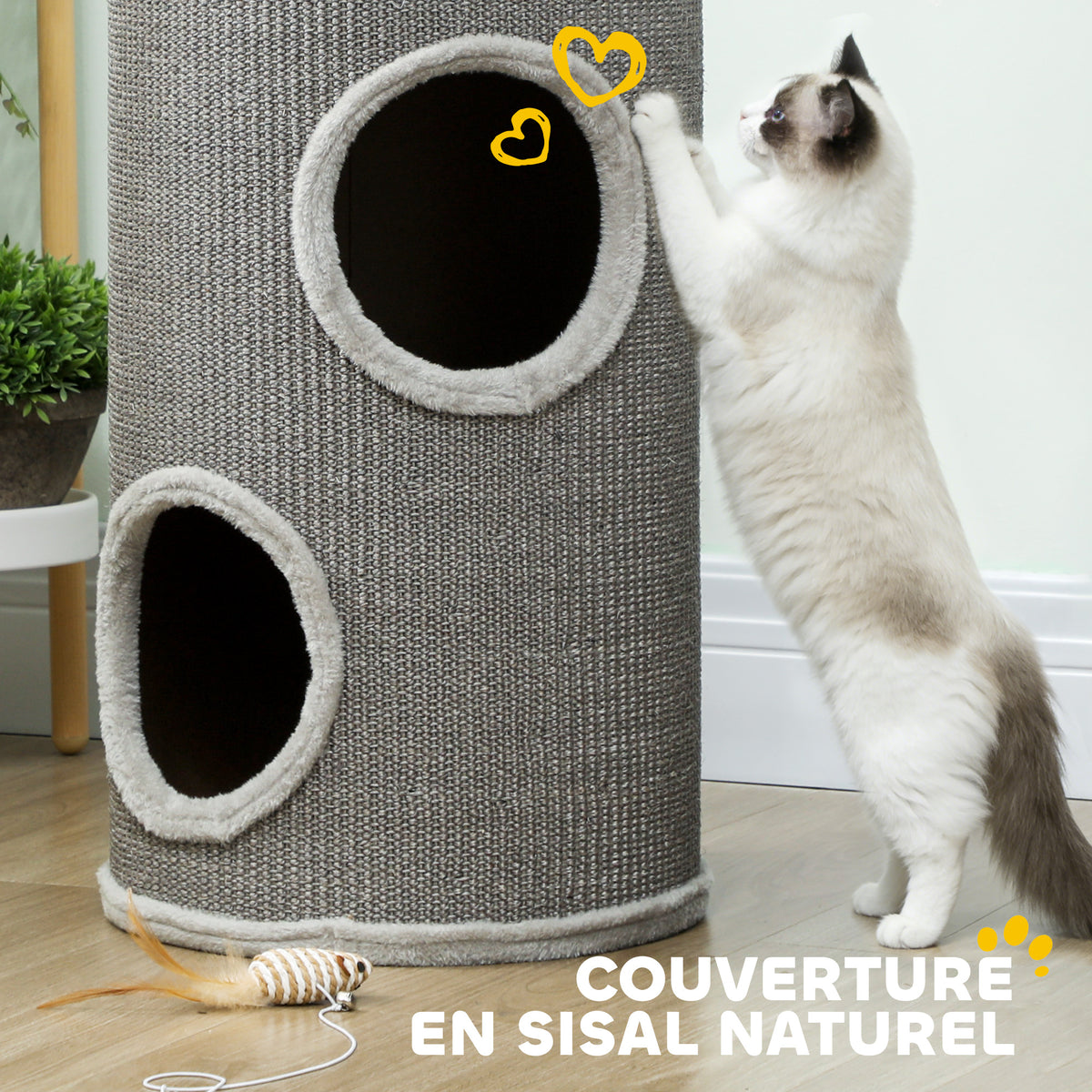 Tonneau à Gratter pour Chat, Tour à Griffer, Arbre à Chat à 2 Couches en Sisal Naturel, Ø35x60cm, Gris Clair
