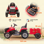 Tracteur électrique enfants avec remorque amovible, voiture électrique enfants, télécommande 2,4G, 139x58x55cm, rouge