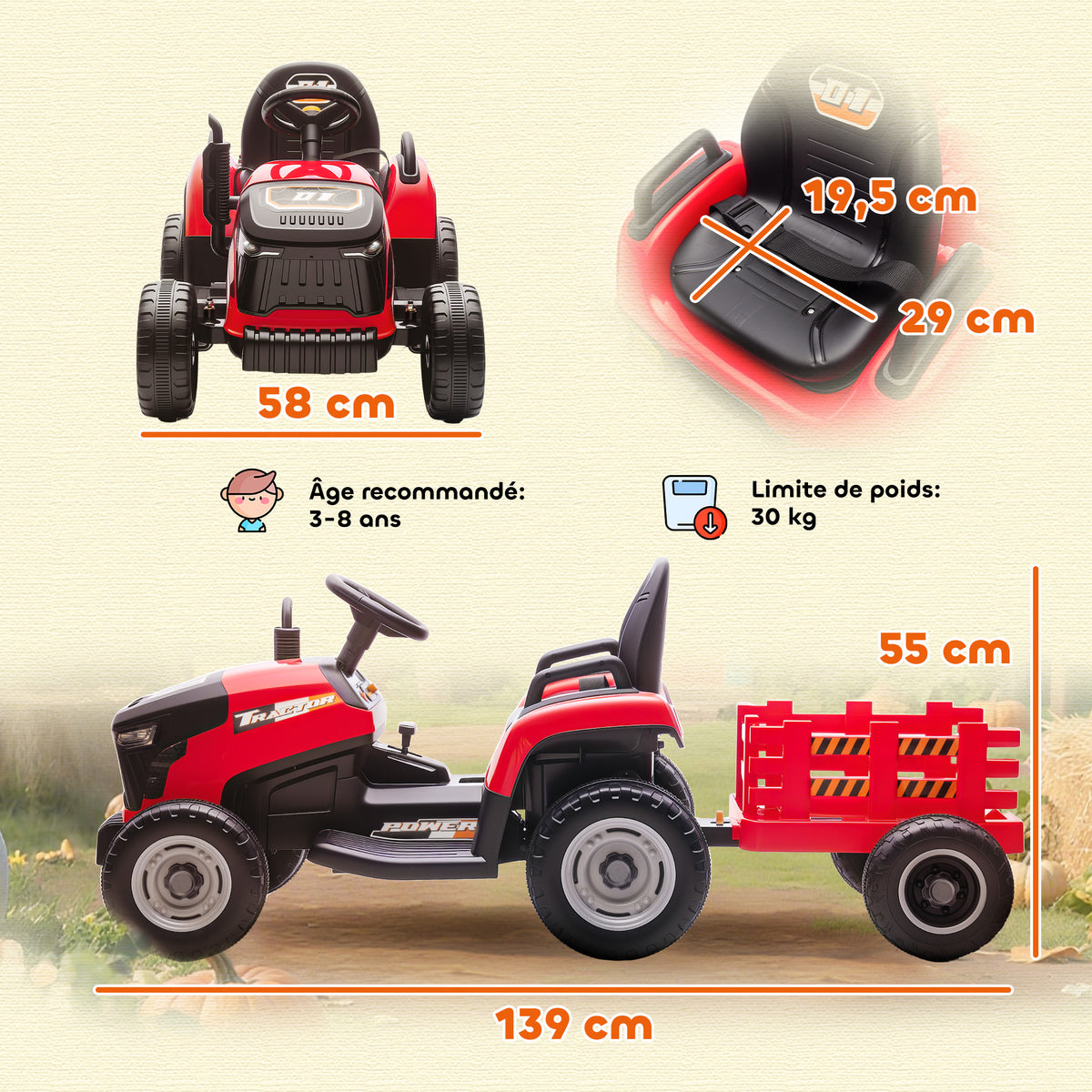 Tracteur électrique enfants avec remorque amovible, voiture électrique enfants, télécommande 2,4G, 139x58x55cm, rouge