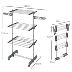 Séchoir à linge étendoir pliable ailes latérales utilisation intérieure et extérieure 3 niveaux 142 x 55 x 152 cm gris