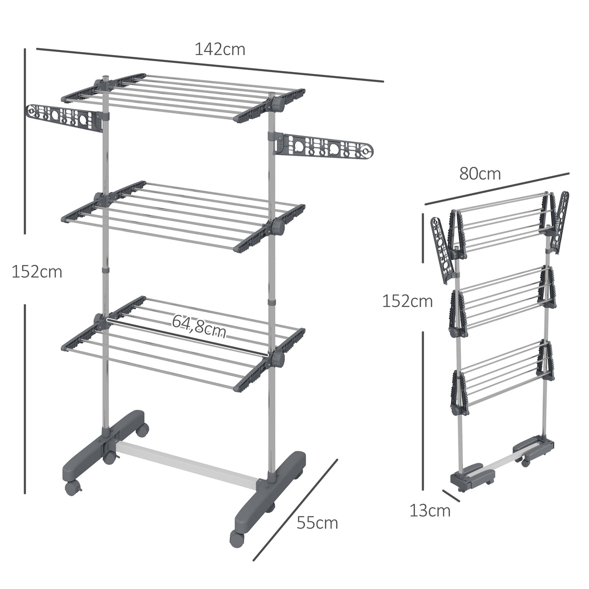 Séchoir à linge étendoir pliable ailes latérales utilisation intérieure et extérieure 3 niveaux 142 x 55 x 152 cm gris