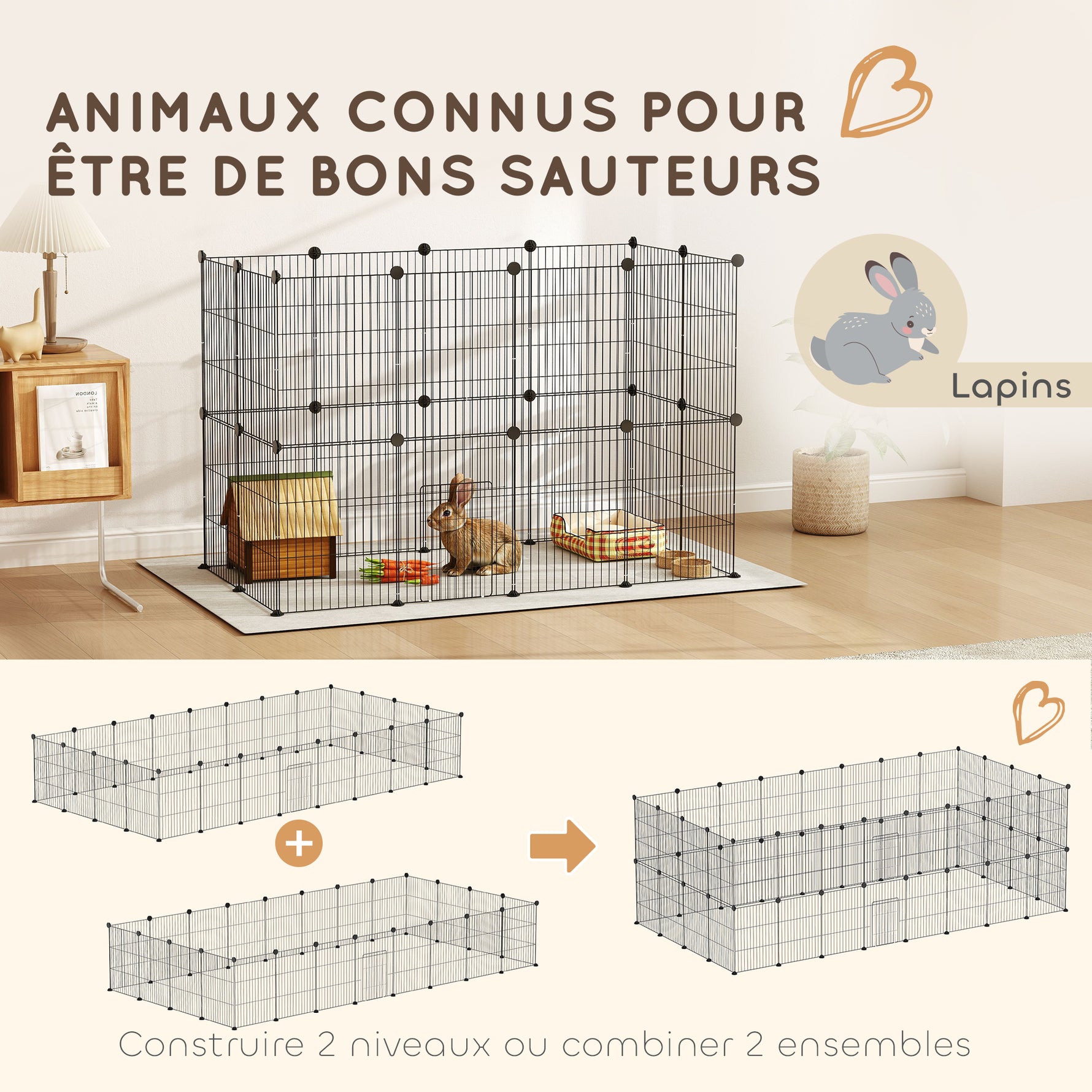 Enclos pour animaux parc pour petits animaux modulable 24 panneaux pour lapins grillagés en acier 120 x 60 x 80 cm noir
