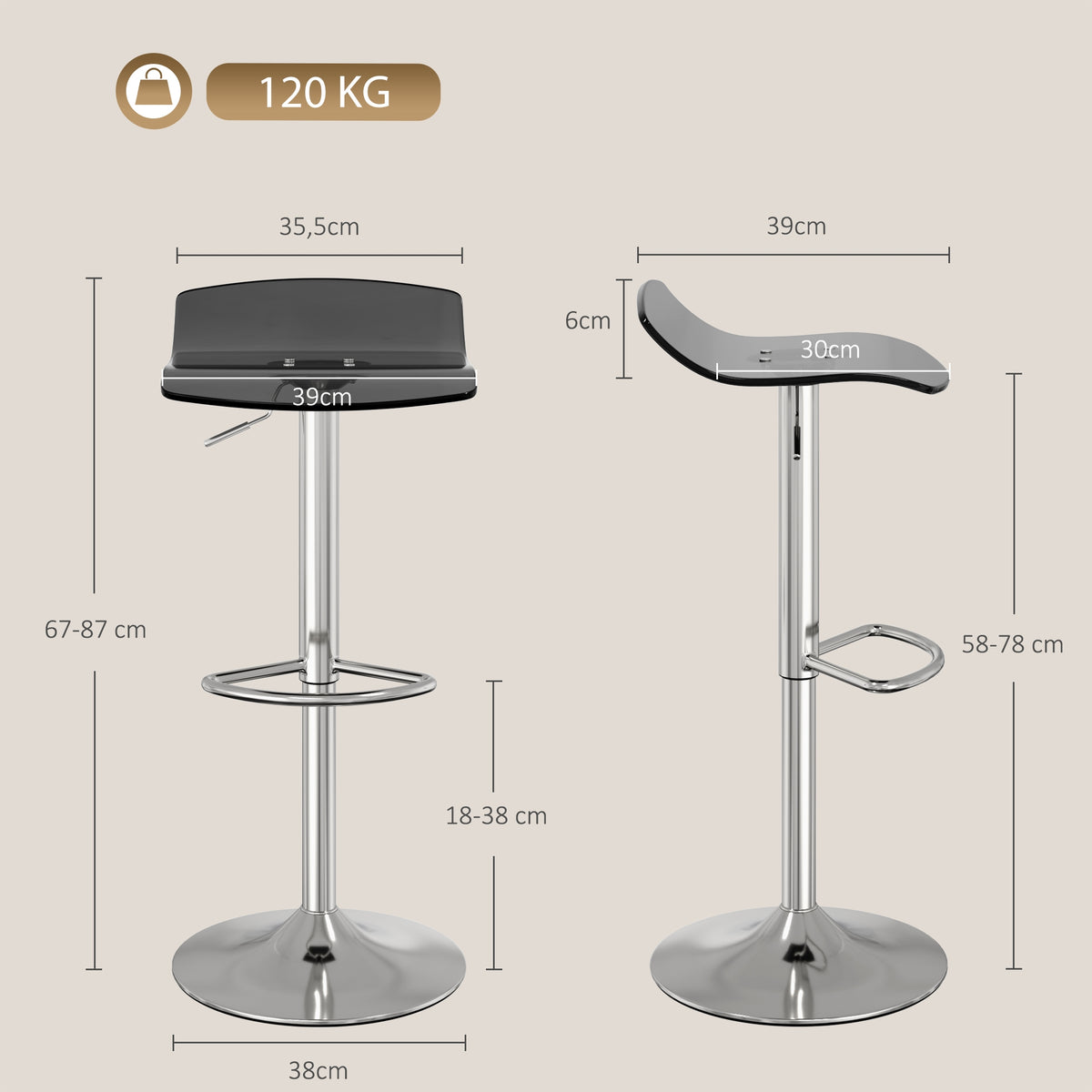 Lote de 2 taburetes de bar de diseño contemporáneo, giratorios 360°, de altura regulable, con reposapiés, 39x39x67-87 cm, negros