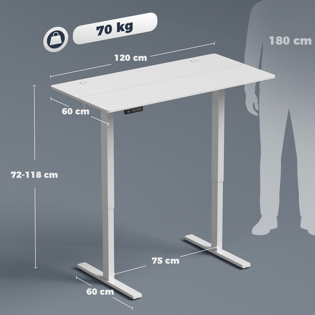 Bureau Assis Debout Électrique 120 x 60 cm, Mémoire 3 Hauteurs, Sécurité Enfant et Anti-Collision, pour Travail, Blanc