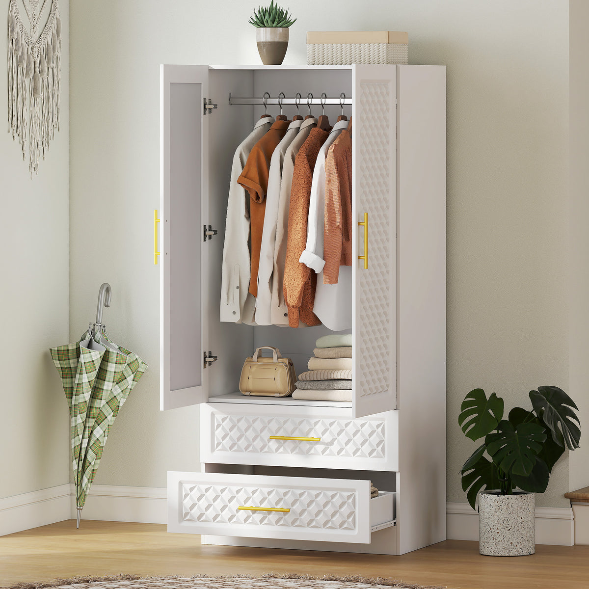 Armario ropero para dormitorio con espejo, 2 cajones, 2 puertas y barra para colgar, 80 x 50 x 180 cm, blanco