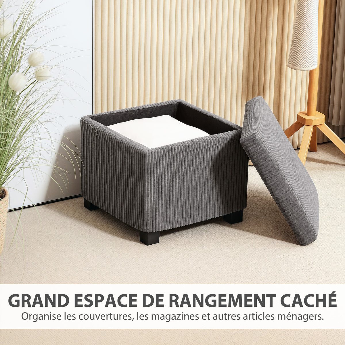 Pouf contenitore 30 L con coperchio rimovibile, pouf cubo imbottito in velluto a coste, 40 x 40 x 40 cm, grigio