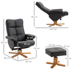 Fauteuil relax avec repose-pied, fauteuil de relaxation en PU, pivotant à 360°, dossier inclinable, assise et dossier rembourrés, rangement caché, pour salon, chambre, home cinéma, noir