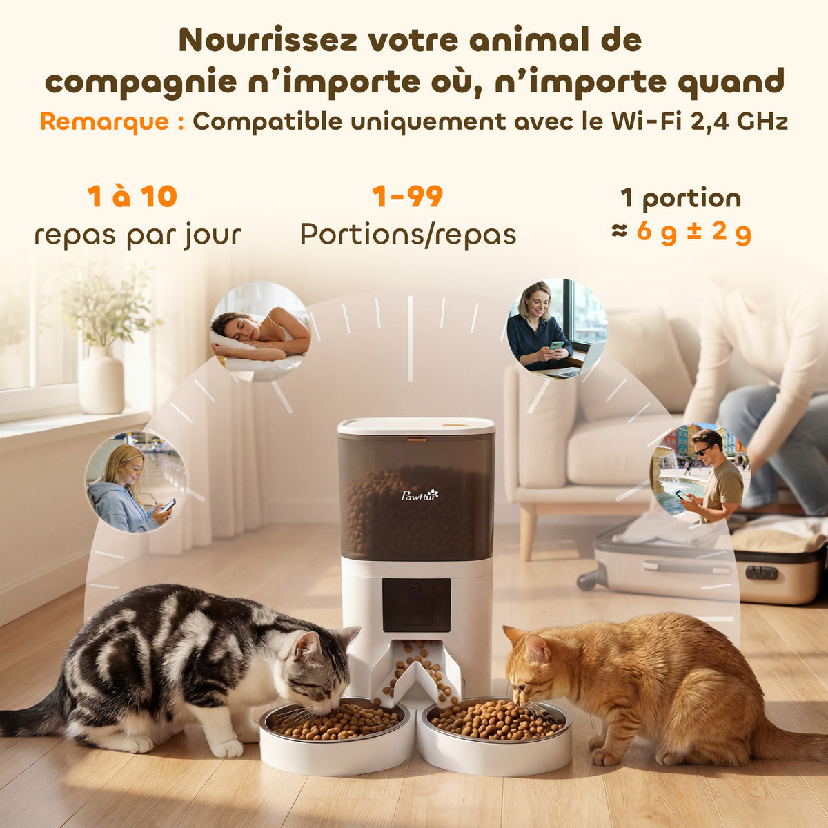 Distributeur Croquettes Chat Automatique 2 Animaux 6L Double Bol Inox WiFi Tuya App ABS 37x36x35cm Blanc